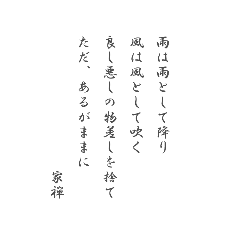 雨は雨として降り
風は風として吹く
良し悪しの物差しを捨て
ただ、あるがままに